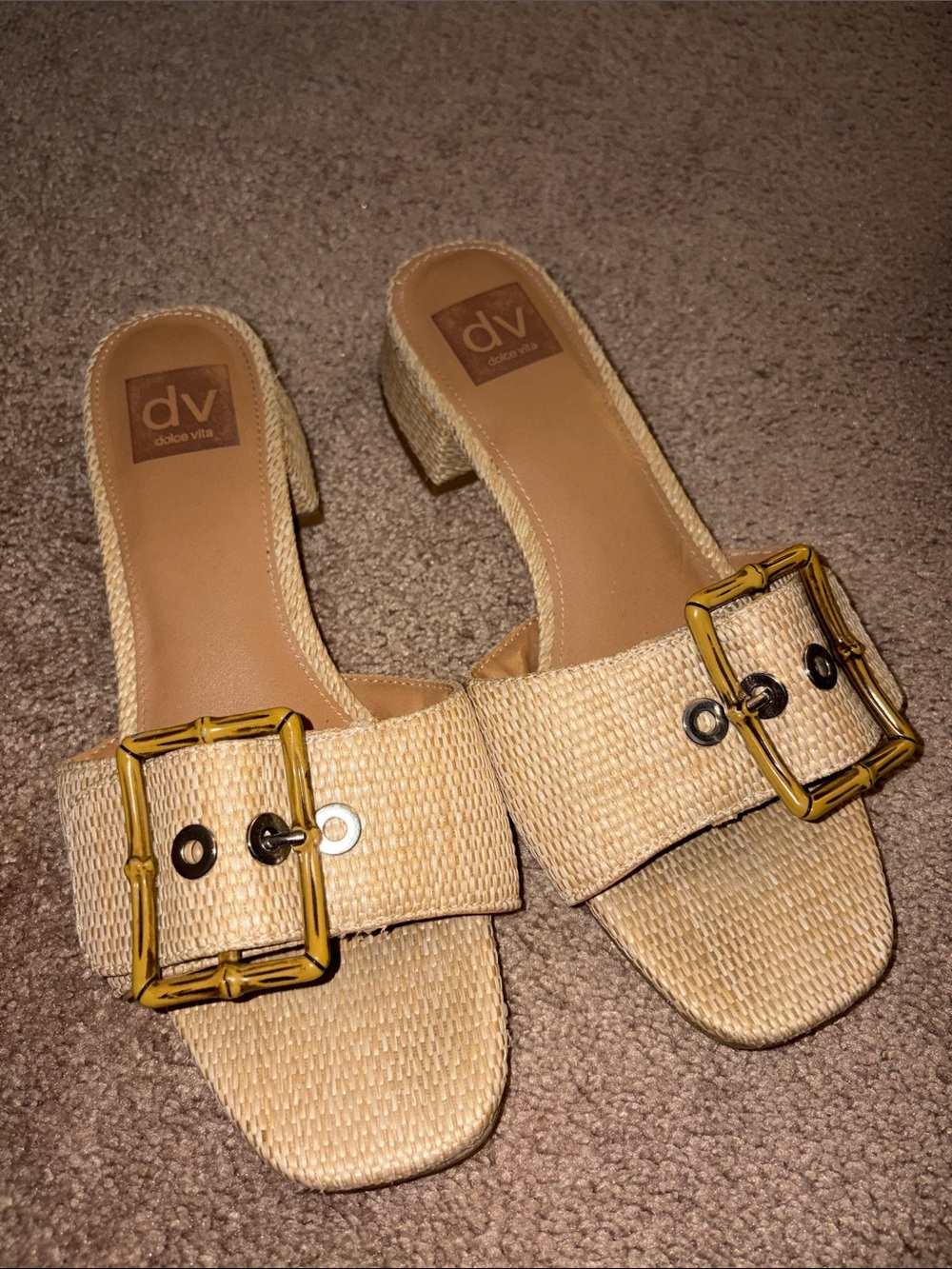 Dolce Vita Natural Beige Woven Buckle Slide Mules